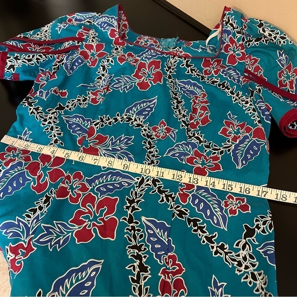 Hilo Hattie Hawaiian midi/maxi dress, turquoise and red, tropical print sz 14 - Picture 10 of 13
